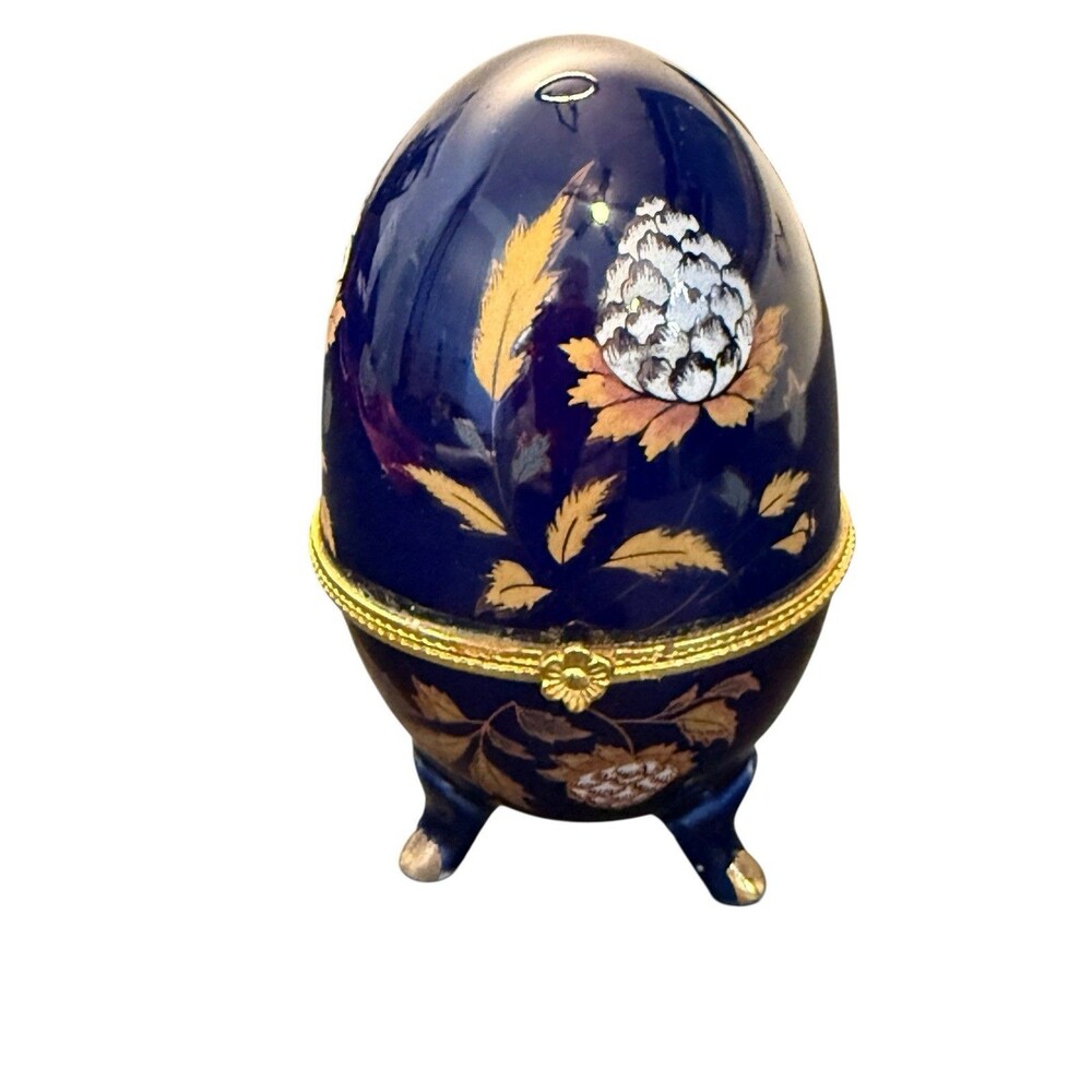 Cobalt Blue Porcelain Egg Form Trinket Box w/ Flowers Decoration